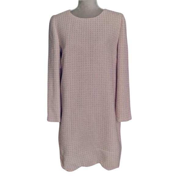 IVY Moda Tweed Shift Dress L Pink White Long Sleeve Wool Blend Lined - Picture 1 of 8